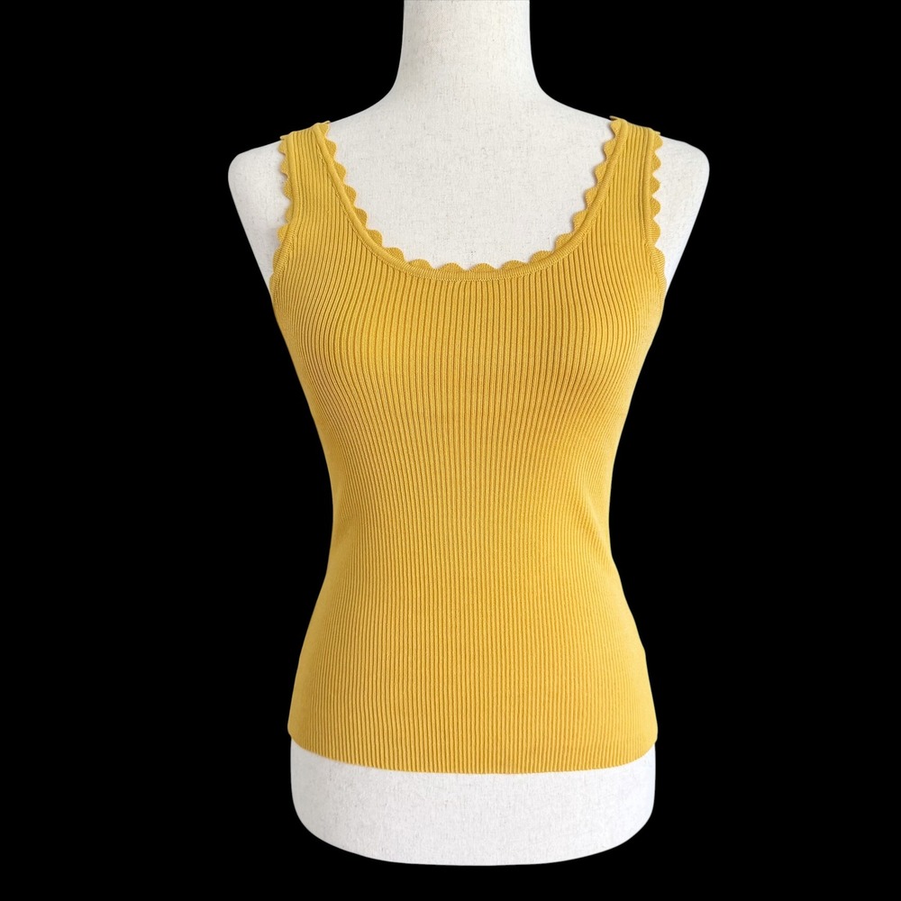 Hem & Thread Womens Mustard Yellow Ribbed Scalloped Knit Tank Top S NWT layering